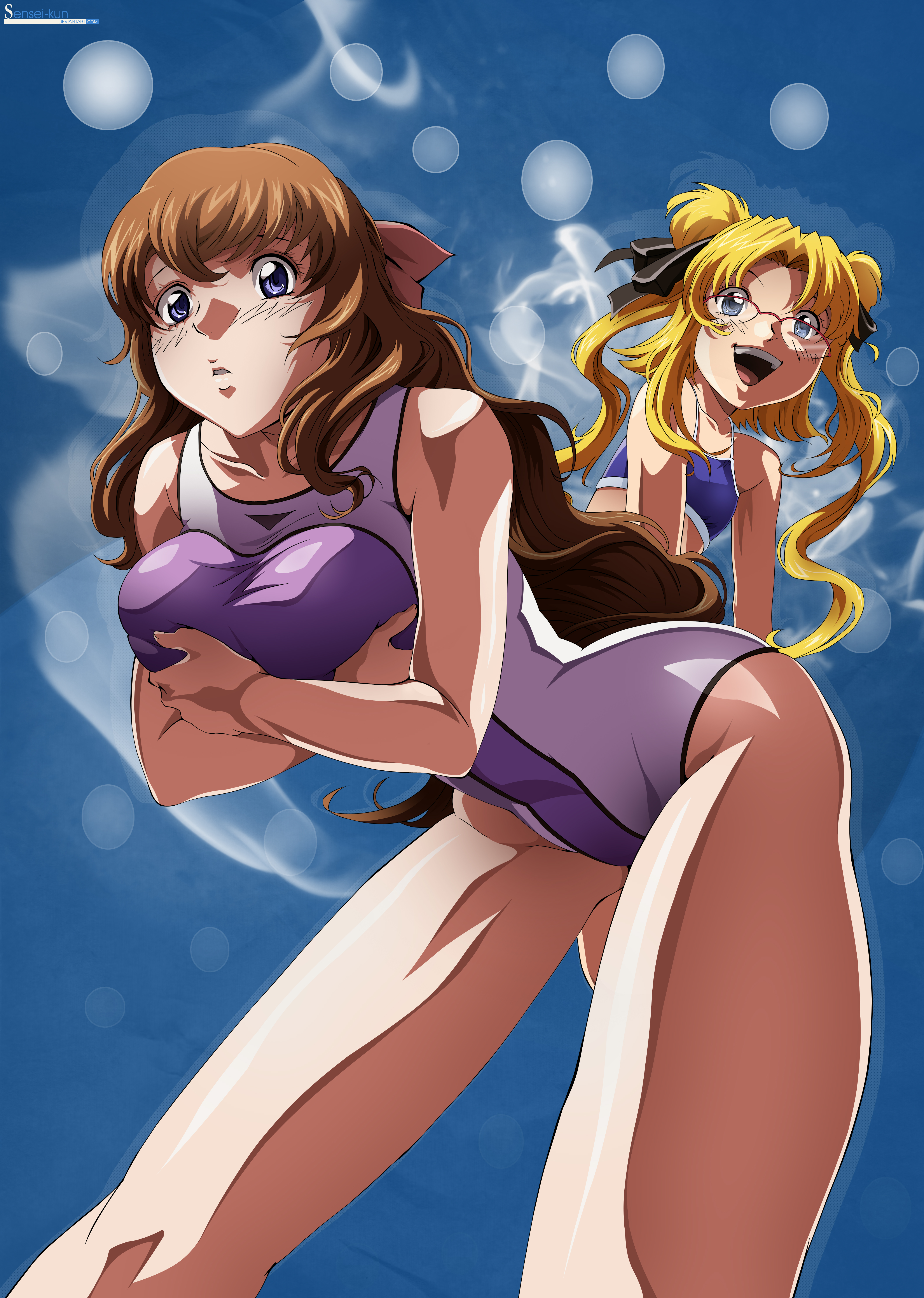 kikuchi katsuya, sensei-kun, kujou miu, rachel calvin, kurogane no linebarrel, breast hold, absurdres, derivative work, highres, official art, vector trace, 00s, 2girls, :d, bent over, bikini, blonde hair, blue eyes, blush, breasts, brown hair, embarrassed, flat chest, glasses, hair ribbon, huge breasts, impossible clothes, large breasts, long hair, looking back, multiple girls, one-piece swimsuit, open mouth, purple eyes, ribbon, smile, swimsuit, tankini, thighs, tree, twintails, wide hips