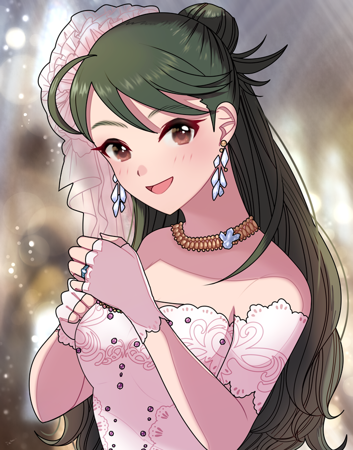 ich., kirino aya, idolmaster, idolmaster cinderella girls, 1girl, bare shoulders, black hair, dress, earrings, hair bun, jewelry, long hair, necklace, wedding dress