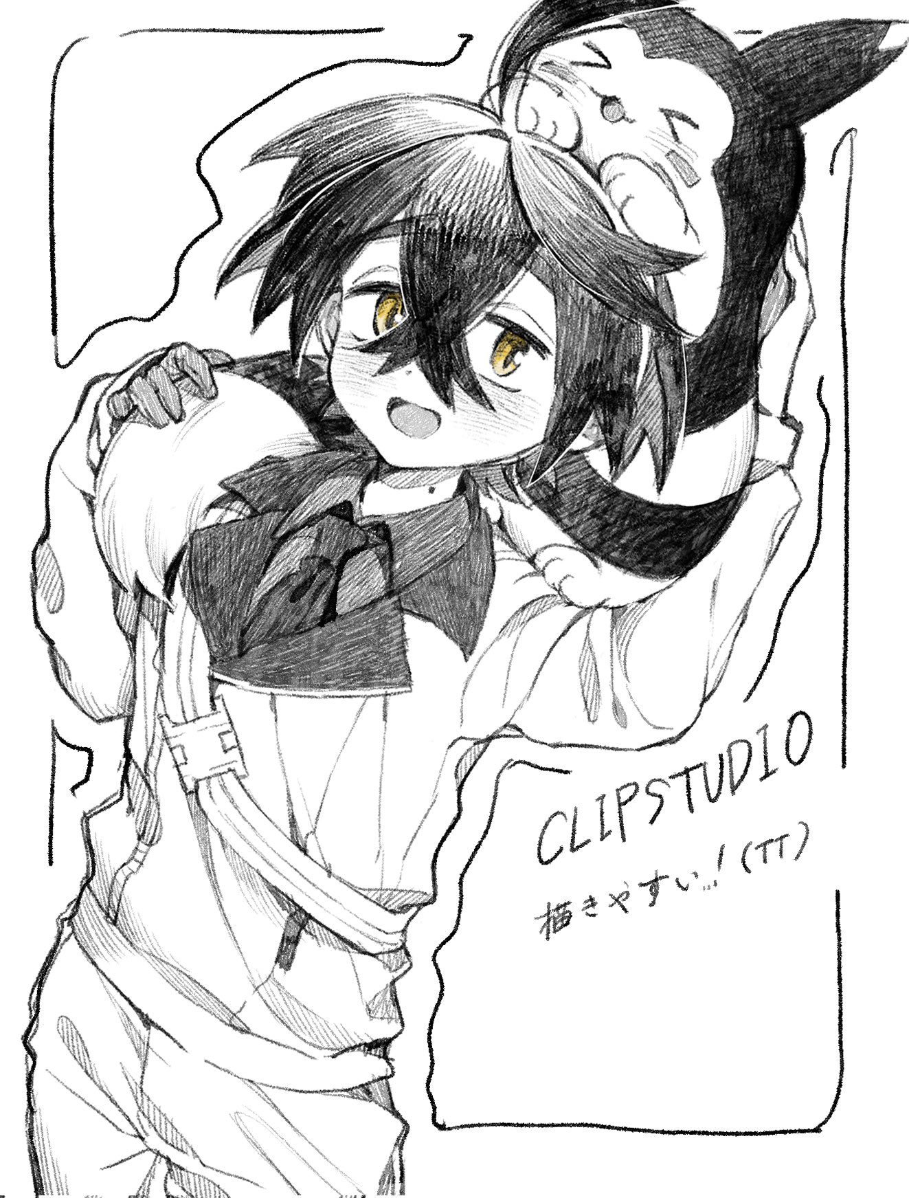 hato popo 37, furret, kieran (pokemon), nintendo, pokemon, pokemon sv, corrupted twitter file, highres, translation request, 1boy, antenna hair, arm up, blush, brown eyes, collared shirt, crossed bangs, gen 2 pokemon, gloves, greyscale, hair between eyes, jacket, looking at viewer, male focus, mole, mole on neck, monochrome, open mouth, pokemon (creature), shirt, short hair, short sleeves, single glove, smile, solo, spot color