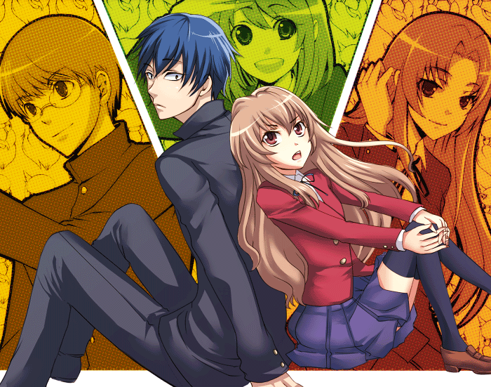 haruta, aisaka taiga, kawashima ami, kitamura yuusaku, kushieda minori, takasu ryuuji, toradora!, black legwear, bad id, bad pixiv id, 00s, 2boys, 3girls, blue hair, brown eyes, brown hair, gakuran, glasses, loafers, long hair, multiple boys, multiple girls, school uniform, shoes, short hair, sitting, skirt, thighhighs