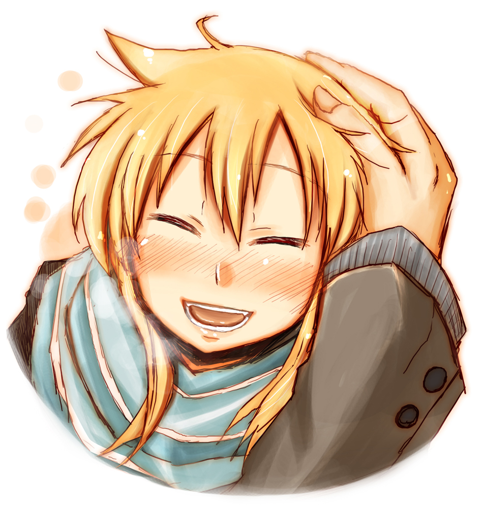 pikachi, kageyama torako, hyakko, hand on head, 00s, 1girl, blush, closed eyes, headpat, long hair, orange hair, scarf, smile, solo focus