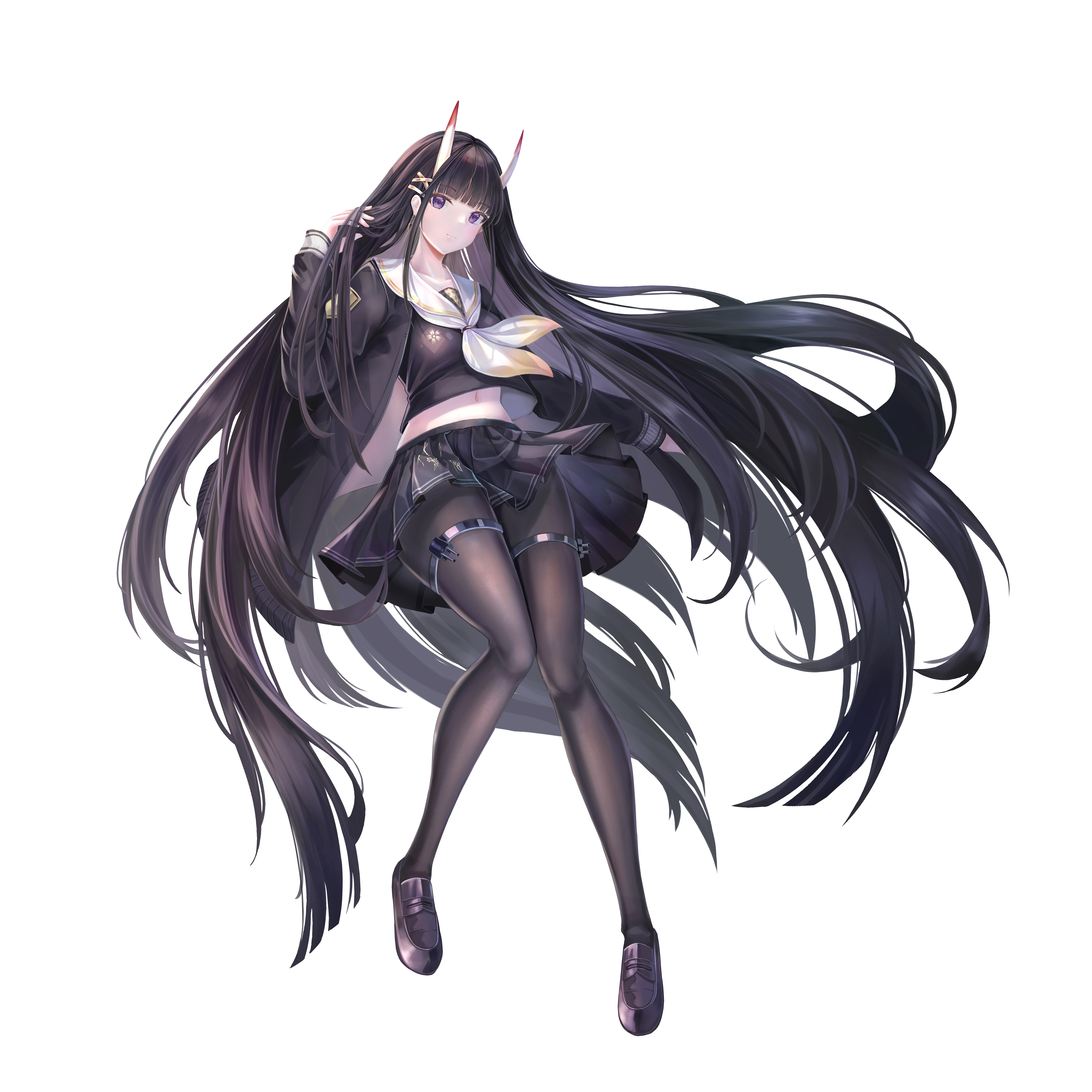 birds-mix, noshiro (azur lane), azur lane, absurdres, commentary request, highres, 1girl, black cardigan, black hair, black pantyhose, black shoes, black skirt, breasts, cardigan, full body, hair ornament, hairclip, horns, long hair, long sleeves, looking at viewer, medium breasts, midriff peek, neckerchief, oni, pantyhose, pleated skirt, purple eyes, sailor collar, school uniform, shoes, simple background, skin-covered horns, skirt, solo, thigh strap, very long hair, white background, white neckerchief, white sailor collar, x hair ornament