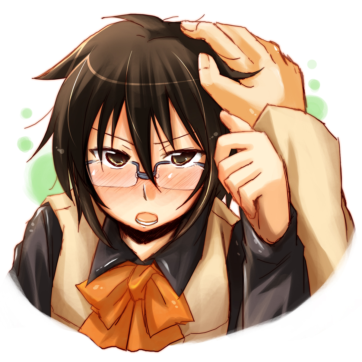 pikachi, kazamatsuri touma, hyakko, hand on head, highres, 00s, 1girl, blush, brown eyes, brown hair, glasses, headpat, open mouth, school uniform, short hair, solo focus