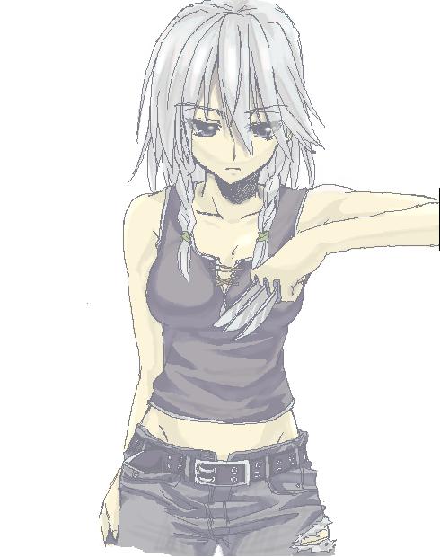 maou, sengoku aky, izayoi sakuya, touhou, silver hair, 1girl, alternate costume, belt, between fingers, casual, contemporary, female focus, holding, knife, solo, tank top, throwing knife, weapon