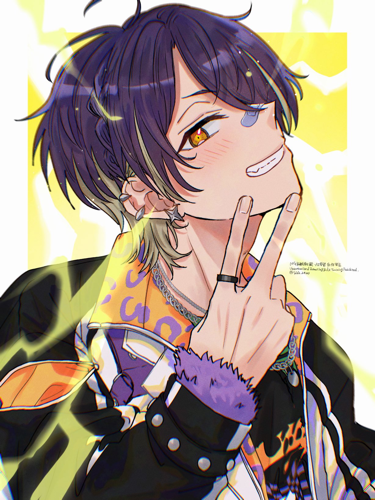 khk 24ms, sengoku shinobu, ensemble stars!, commentary, highres, 1boy, animal print, bandaid, bandaid on face, bandaid on nose, blonde hair, braid, chain, chain necklace, clenched teeth, ear piercing, earrings, fingernails, hand up, jacket, jewelry, leopard print, long sleeves, looking at viewer, male focus, multicolored hair, necklace, official alternate costume, orange eyes, piercing, profile, purple hair, ring, single braid, smile, solo, streaked hair, teeth, twitter username, two-tone hair, upper body, v