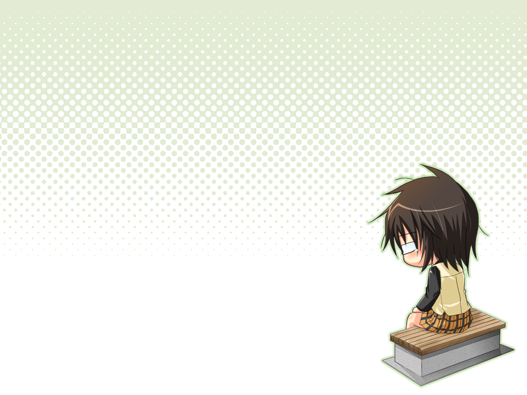 pikachi, kazamatsuri touma, hyakko, plaid, 00s, 1girl, bench, brown hair, chibi, female focus, glasses, school uniform, short hair, skirt, solo, tears