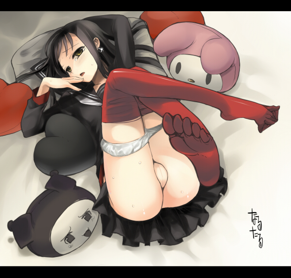 saikawa yusa, koga norio, kuromi, my melody, narutaru, onegai my melody, sanrio, 1boy, ass, black hair, crossdressing, crossdressing (mtf), earrings, feet, jewelry, long hair, male focus, panties, pantyhose, red pantyhose, school uniform, shota, skirt, solo, tears, testicles, trap, underwear, upskirt, yukkuri shiteitte ne