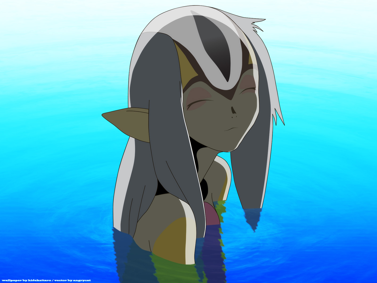 mutio, ao no roku-gou, derivative work, highres, vector trace, 1girl, backlighting, colored skin, female focus, furry, furry female, monster, monster girl, pointy ears, portrait, smile, solo, therianthrope, underwater, yellow skin