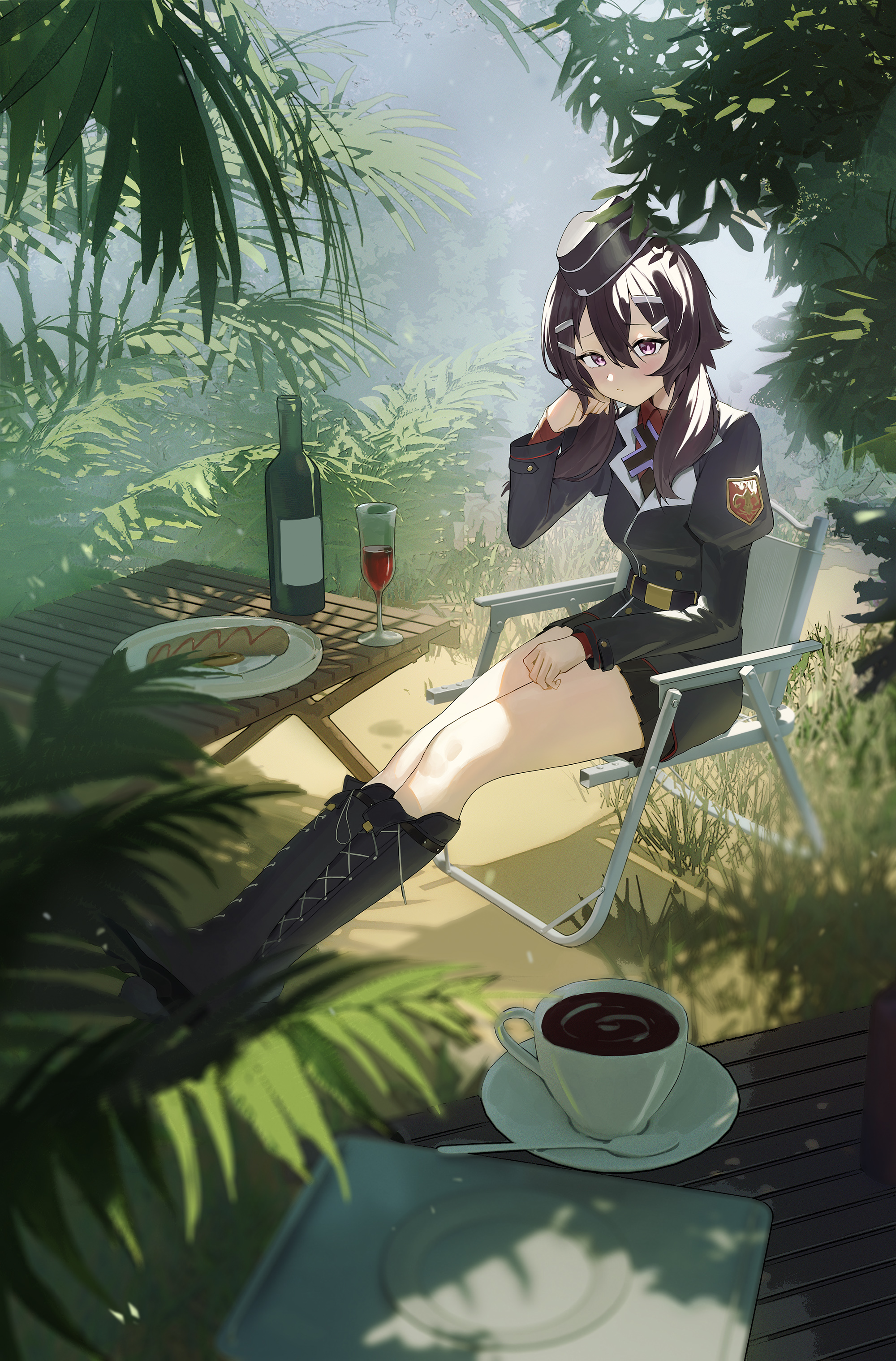 black c (net dust), haruka (blue archive), blue archive, absurdres, commentary, highres, 1girl, alcohol, black boots, black hat, black skirt, blurry, boots, bottle, breasts, brown hair, chair, coffee, collared shirt, depth of field, full body, glass, hair between eyes, hair ornament, hairclip, hat, juliet sleeves, long sleeves, looking at viewer, medium hair, pink eyes, plant, plate, pleated shirt, puffy sleeves, red shirt, saucer, shirt, shoelaces, shoes, sitting, skirt, solo, spoon, wine