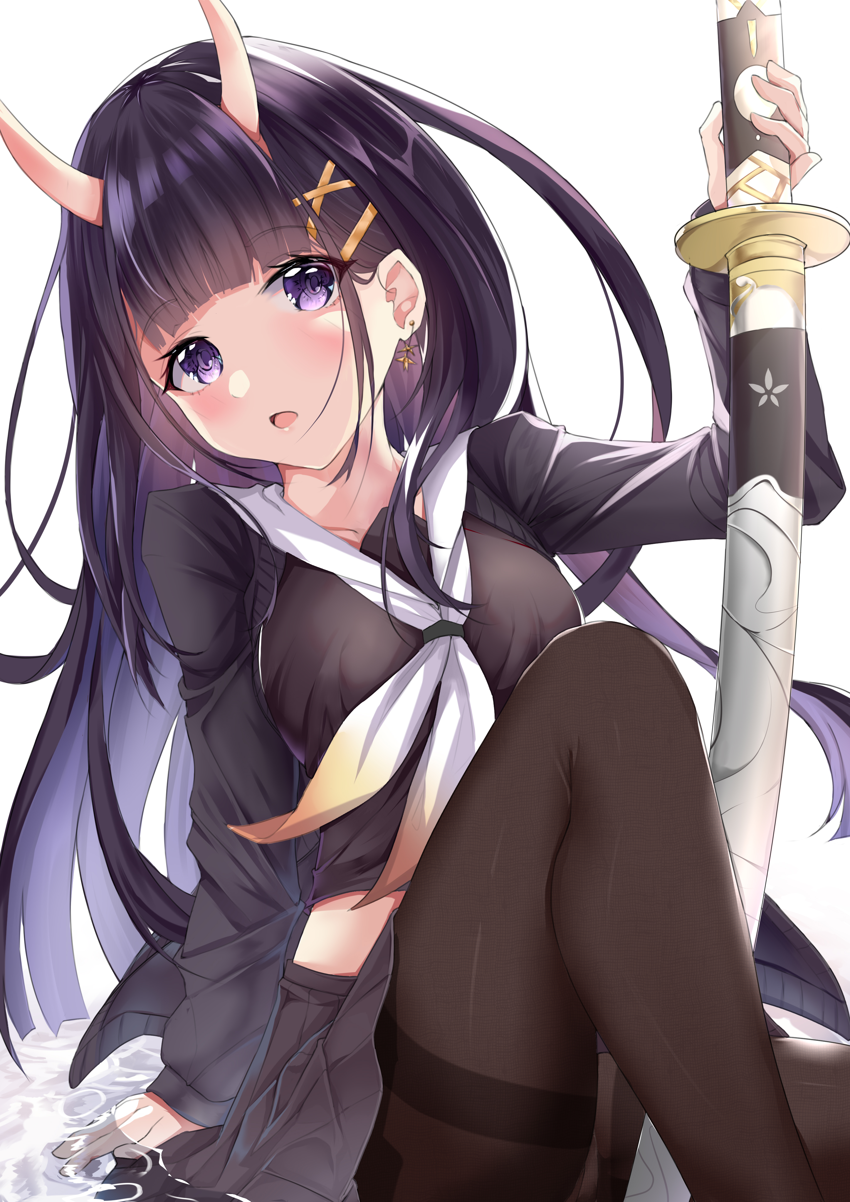 ct.ender, noshiro (azur lane), azur lane, absurdres, commentary request, highres, 1girl, black cardigan, black hair, black serafuku, black skirt, breasts, brown pantyhose, cardigan, earrings, feet out of frame, hair ornament, hairclip, holding, holding sword, holding weapon, horns, jewelry, long hair, long sleeves, looking at viewer, medium breasts, midriff peek, miniskirt, neckerchief, oni, pantyhose, pleated skirt, purple eyes, sailor collar, scabbard, school uniform, serafuku, sheath, sheathed, simple background, sitting, skin-covered horns, skirt, solo, sword, thighband pantyhose, water, weapon, white background, white neckerchief, white sailor collar, x hair ornament
