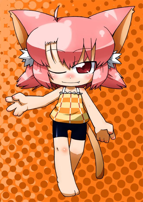 ikuwiron, eroneko-san, original, 1girl, animal ears, barefoot, bike shorts, blush, cat ears, cat tail, chibi, fang, female focus, one eye closed, pink hair, red eyes, short hair, solo, tail, tank top, wink