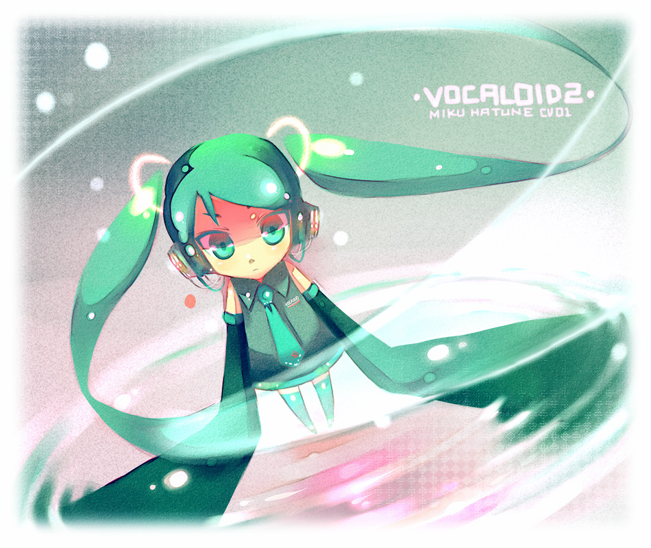 sokomushi, hatsune miku, vocaloid, bad id, bad pixiv id, aqua eyes, aqua hair, chibi, detached sleeves, headphones, long hair, necktie, solo, thighhighs, twintails, very long hair