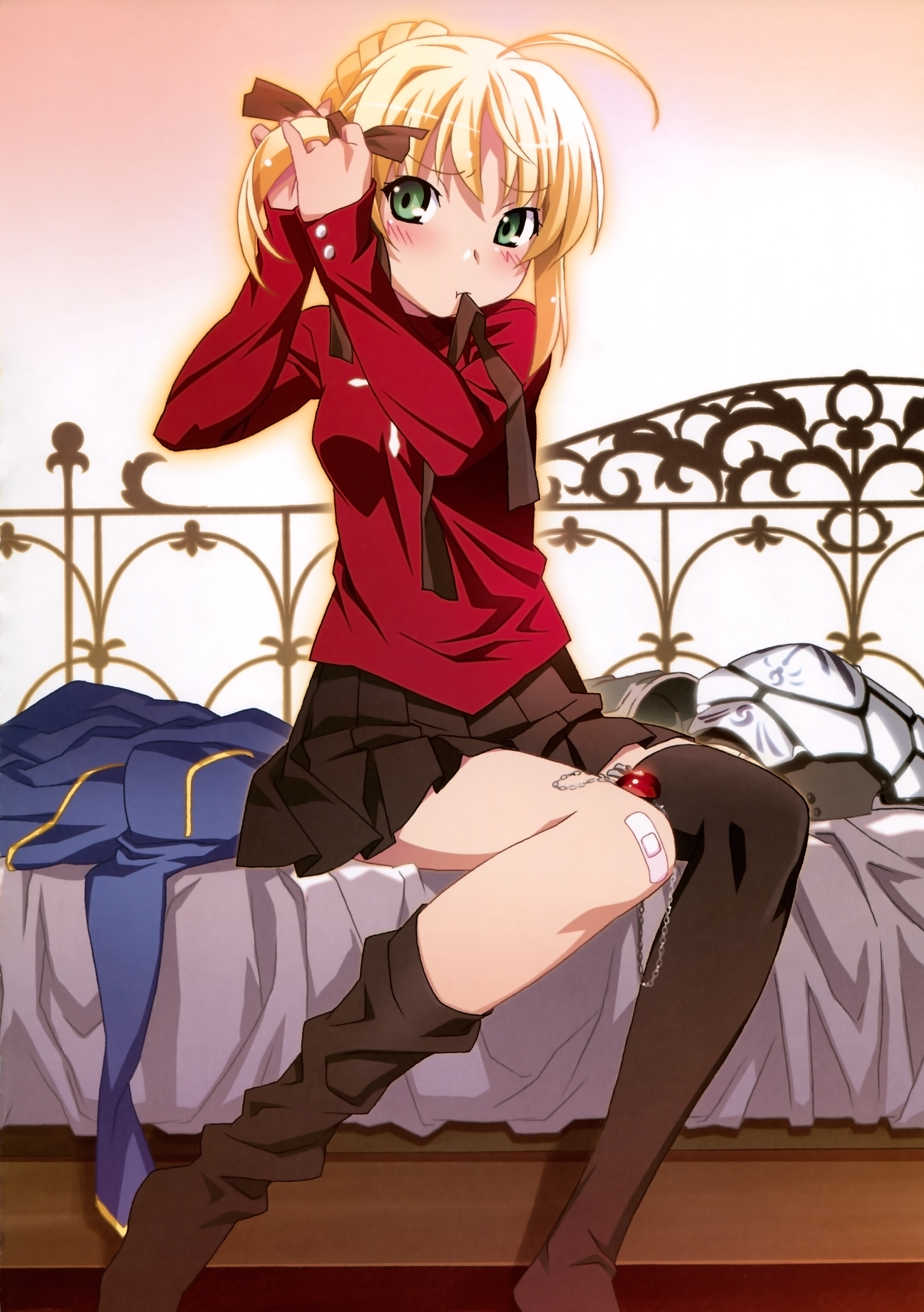 watanabe akio, artoria pendragon (fate), saber (fate), tohsaka rin, fate/stay night, fate (series), absurdres, highres, huge filesize, official art, 1girl, adjusting hair, ahoge, alternate hairstyle, armor, bandaid, bandaid on knee, bandaid on leg, bed, black thighhighs, blonde hair, blush, breasts, cosplay, dressing, female focus, green eyes, hair ribbon, hairdressing, loose thighhigh, medium breasts, mouth hold, no shoes, on bed, pleated skirt, ribbon, side ponytail, sitting, skirt, solo, thighhighs, tohsaka rin (cosplay), zettai ryouiki