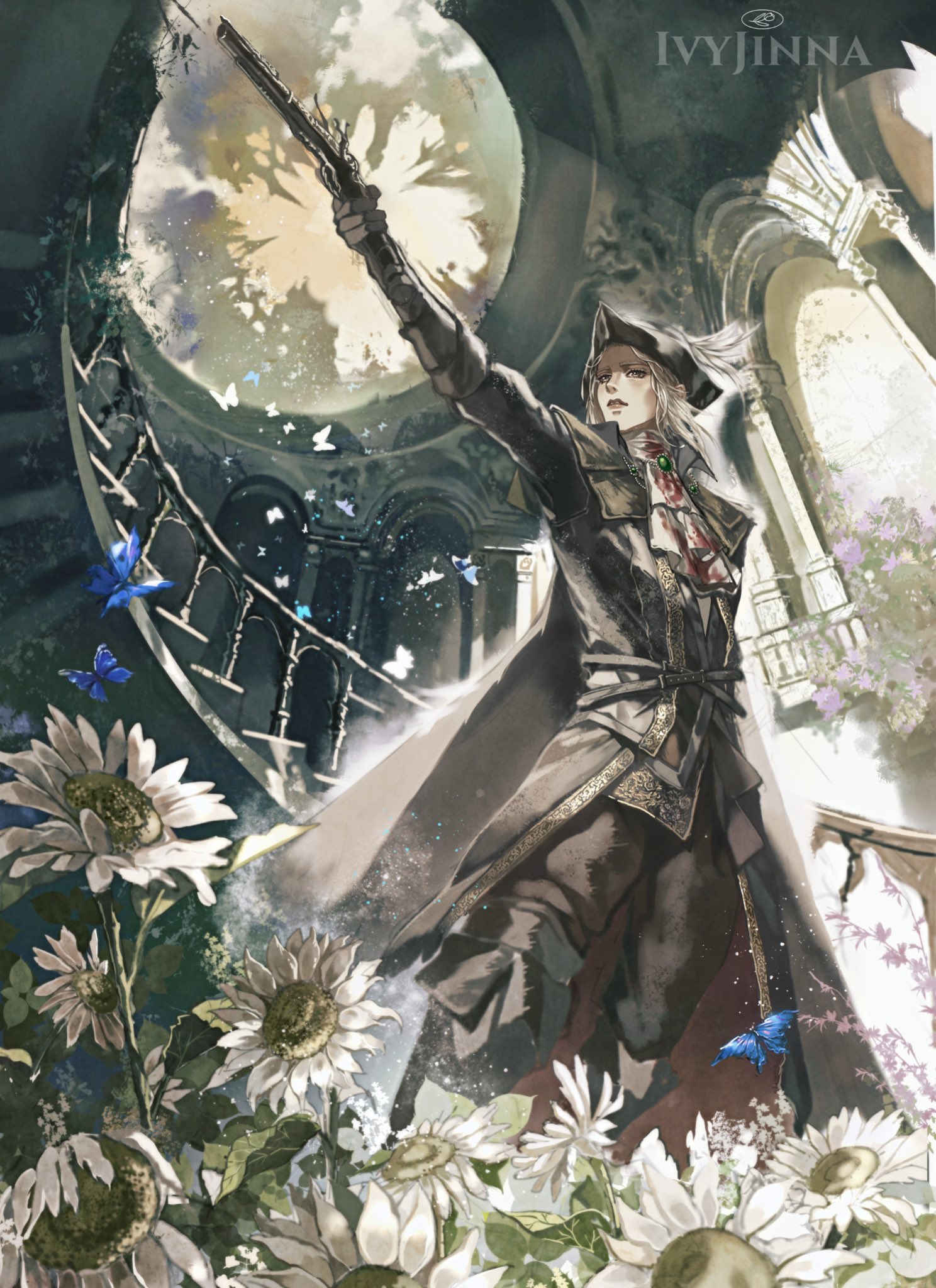 yujia0412, lady maria of the astral clocktower, bloodborne, commentary, commentary request, english commentary, highres, mixed-language commentary, 1girl, artist name, ascot, black coat, black hat, blood, blood on clothes, blue butterfly, bug, butterfly, coat, flower, gun, hat, holding, holding gun, holding weapon, insect, long hair, looking ahead, solo, spiral staircase, stairs, sunflower, tricorne, twitter username, weapon, white ascot, white hair