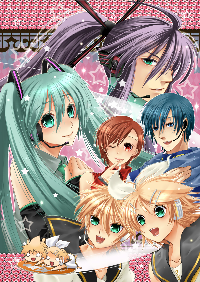tamara, hatsune miku, kagamine len, kagamine rin, kaito (vocaloid), kamui gakupo, meiko (vocaloid), vocaloid, highres, 3boys, 3girls, aqua eyes, aqua hair, blonde hair, blue eyes, blue hair, brown hair, chibi, detached sleeves, hair ornament, hairclip, long hair, multiple boys, multiple girls, necktie, purple hair, red eyes, ribbon, scarf, short hair, siblings, twins, twintails, very long hair