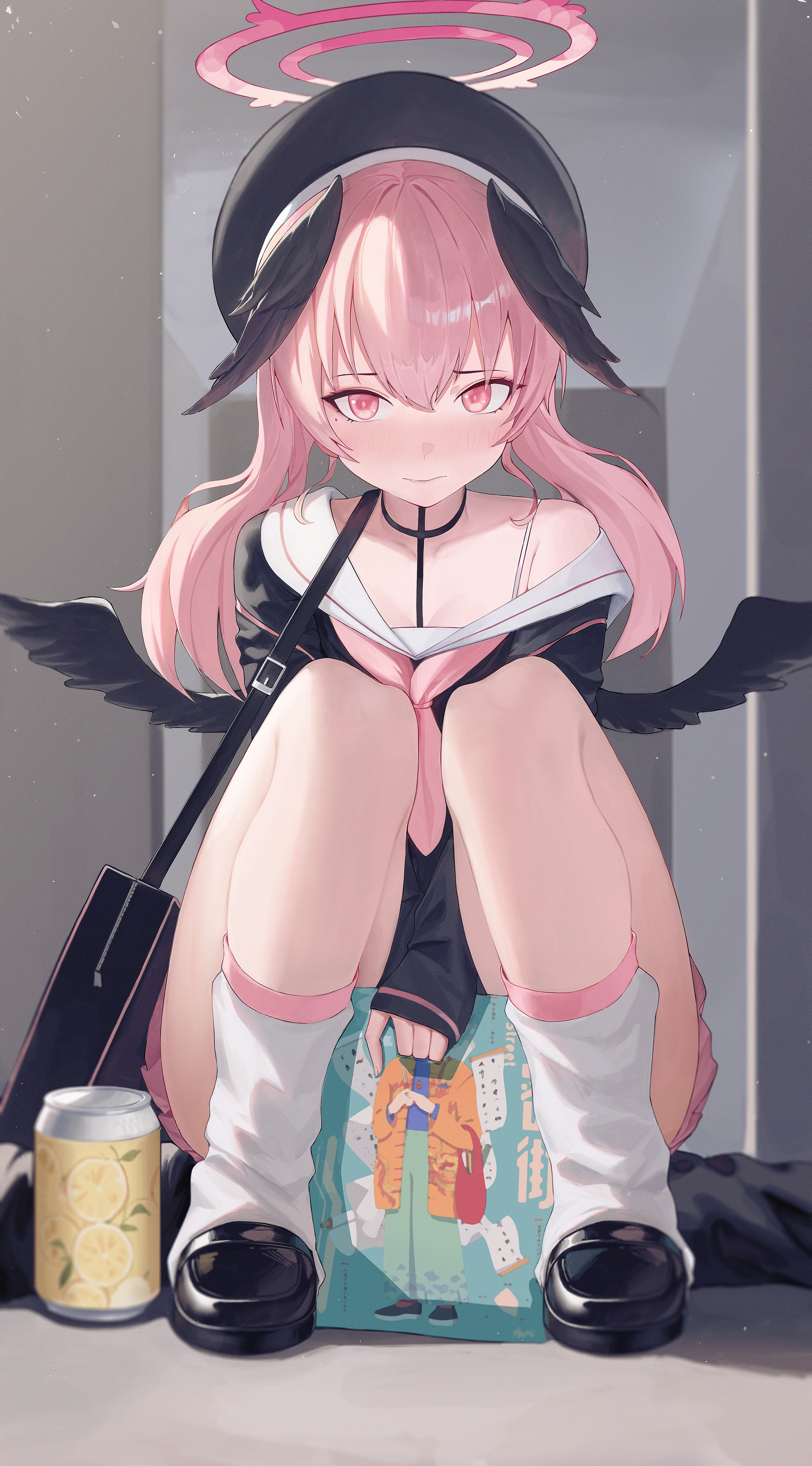black c (net dust), koharu (blue archive), blue archive, absurdres, commentary, highres, 1girl, beret, black choker, black hat, black shirt, black shoes, black wings, blush, bra strap, can, choker, drink can, food, fruit, full body, halo, hat, head wings, leg warmers, lemon, lemon slice, long sleeves, looking at another, low wings, manga (object), neckerchief, pink eyes, pink hair, pink halo, pink neckerchief, pink skirt, pleated skirt, sailor collar, shirt, shoes, skirt, sleeves past wrists, solo, thighs, twintails, white leg warmers, white sailor collar, wings