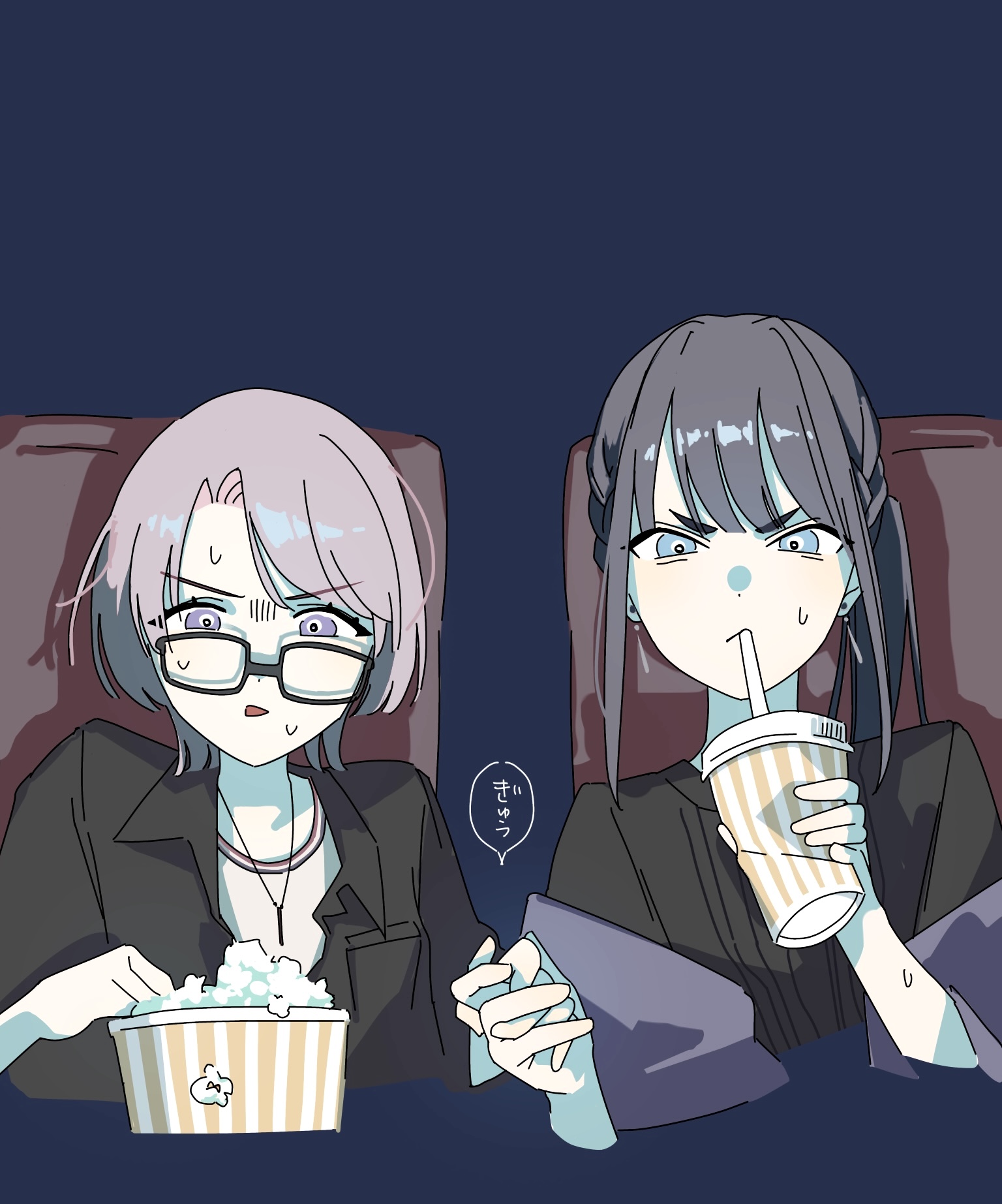 amaya tsubame, arimura mao, gakuen idolmaster, idolmaster, highres, 2girls, bags under eyes, black hair, black shirt, blue eyes, breast pocket, collared shirt, cropped torso, cup, disposable cup, drinking, earrings, food, frown, glasses, gloom (expression), grey hair, holding, holding cup, holding hands, jacket, jewelry, movie theater, multiple girls, necklace, nez 87gi, open clothes, open jacket, pocket, ponytail, popcorn, purple eyes, shirt, sidelocks, sweat, triangle mouth, v-shaped eyebrows