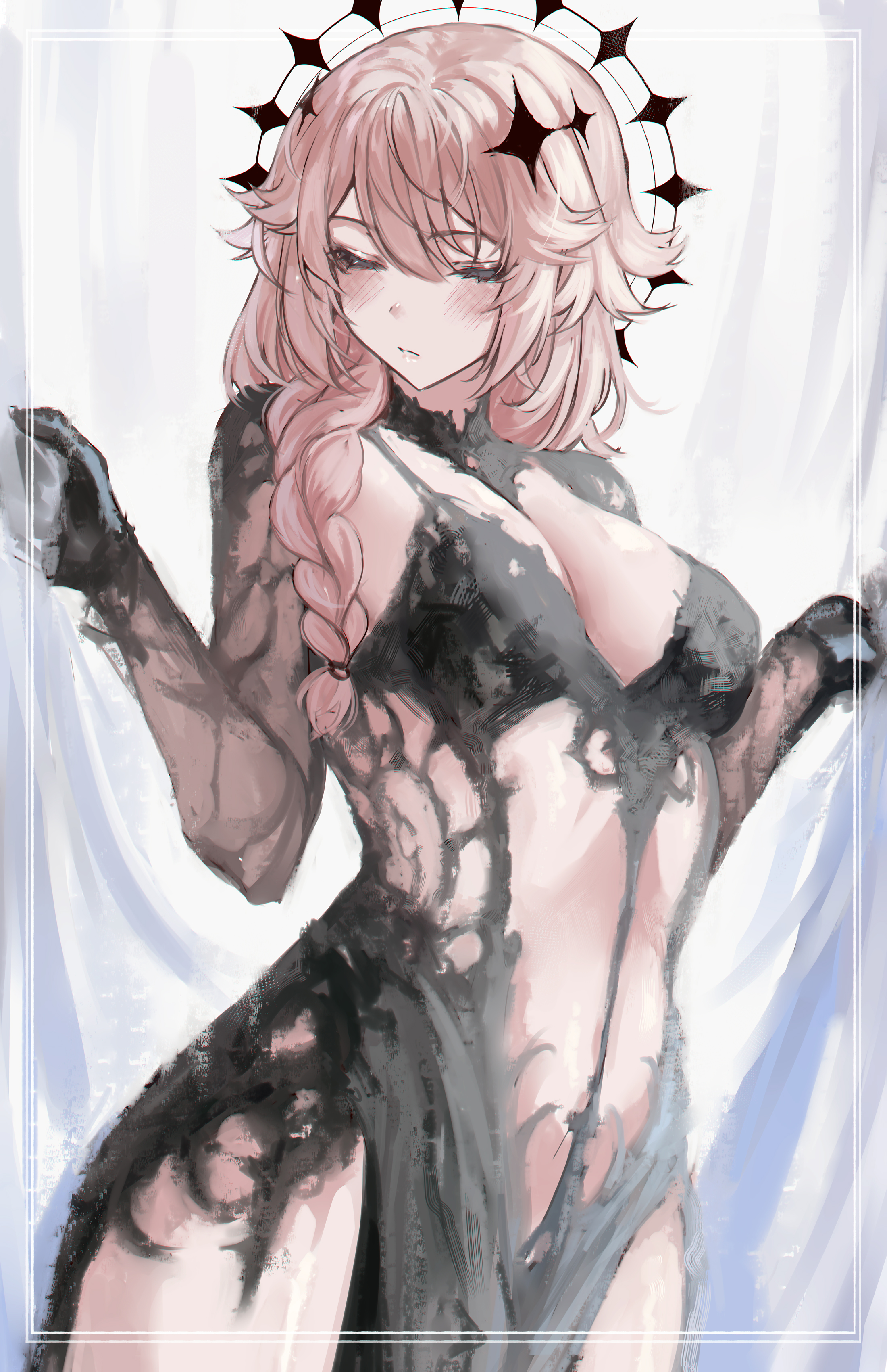 naokomama, kaneko lumi, phase connect, absurdres, highres, 1girl, black dress, black halo, blush, braid, breasts, chromatic aberration, closed eyes, closed mouth, curtain grab, curtains, dress, eyelashes, facing down, hair ornament, halo, large breasts, long hair, pink hair, pink lips, solo, thighs, virtual youtuber, white background