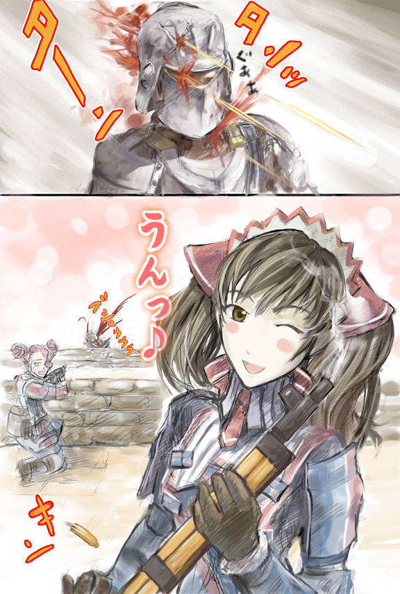 fura, alicia melchiott, brigitte stark, senjou no valkyria, senjou no valkyria (series), senjou no valkyria 1, 00s, 1boy, 2girls, blood, death, gameplay mechanics, gun, happy, headshot, kill, military, military uniform, multiple girls, musical note, one eye closed, rifle, smile, smoke, twintails, weapon, wink