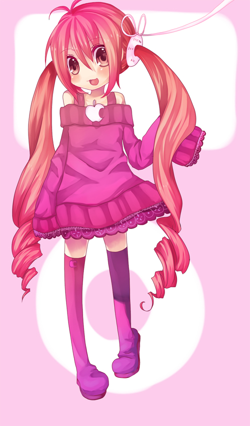 hanasaki mahiru, momo-nanoko, original, bad id, bad pixiv id, 1girl, :3, apple, boots, curly hair, digital media player, dress, female focus, food, fruit, headphones, ipod, long sleeves, pink boots, pink eyes, pink hair, product girl, red eyes, red hair, solo, sweater, thigh boots, thighhighs, twintails