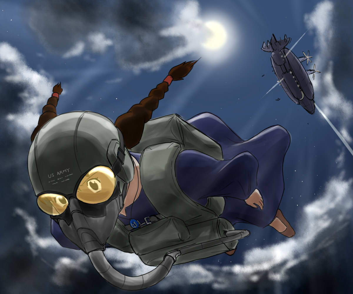 sheeta, metal gear (series), metal gear solid 3: snake eater, studio ghibli, tenkuu no shiro laputa, 1girl, aircraft, airship, blue dress, braid, brown hair, cloud, cloudy sky, dirigible, dress, falling, female focus, full body, helmet, hikouseki, jewelry, moon, necklace, night, outdoors, oxygen mask, parachute, parody, pendant, scene reference, sky, skydive, solo, star (sky), starry sky, twin braids