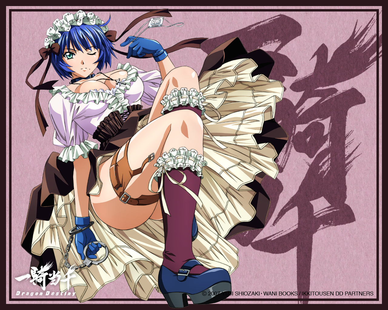rin-sin, ryomou shimei, ikkitousen, ikkitousen dragon destiny, official art, official wallpaper, 00s, 1girl, ahoge, alternate costume, aqua eyes, blouse, blue eyes, blue gloves, blue hair, border, bow, breasts, buckle, bursting breasts, cleavage, collar, copyright name, corset, cross, cross-laced clothes, cross necklace, cuffs, dutch angle, eyepatch, female focus, foreshortening, frilled socks, frills, full body, gloves, gothic lolita, hair bow, hairband, handcuffs, high heels, holding, jewelry, kneehighs, lace, large breasts, logo, lolita fashion, lolita hairband, long skirt, looking at viewer, mary janes, matching hair/eyes, mole, necklace, no panties, one eye closed, platform shoes, purple background, purple socks, ribbon, ribbon trim, shirt, shoes, short hair, short sleeves, skirt, socks, solo, thigh strap, unworn eyepatch, wink