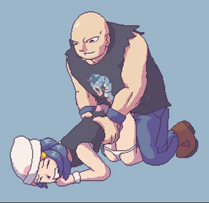 9 6 (artist), dawn (pokemon), gyarados, roughneck (pokemon), nintendo, pokemon, screencap, lowres, 1boy, 1girl, armband, bald, beanie, bent over, blue hair, boots, clenched teeth, closed eyes, clothed sex, denim, doggystyle, evil grin, evil smile, from behind, gen 1 pokemon, grin, hair ornament, hat, hetero, jeans, kneeling, loli, muscular, npc trainer, open mouth, panties, pants, panty pull, parody, pixel art, pokemon (creature), rape, sex, sex from behind, shirt, short hair, sleeveless, sleeveless shirt, smile, teeth, torn clothes, torso grab, uncensored, underwear, vaginal, white panties, wince, wristband