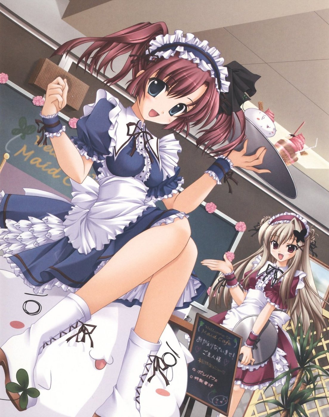 izumi tsubasu, hayami iori, tachibana mikoto, aozora no mieru oka, highres, 2girls, boots, maid, multiple girls, tray