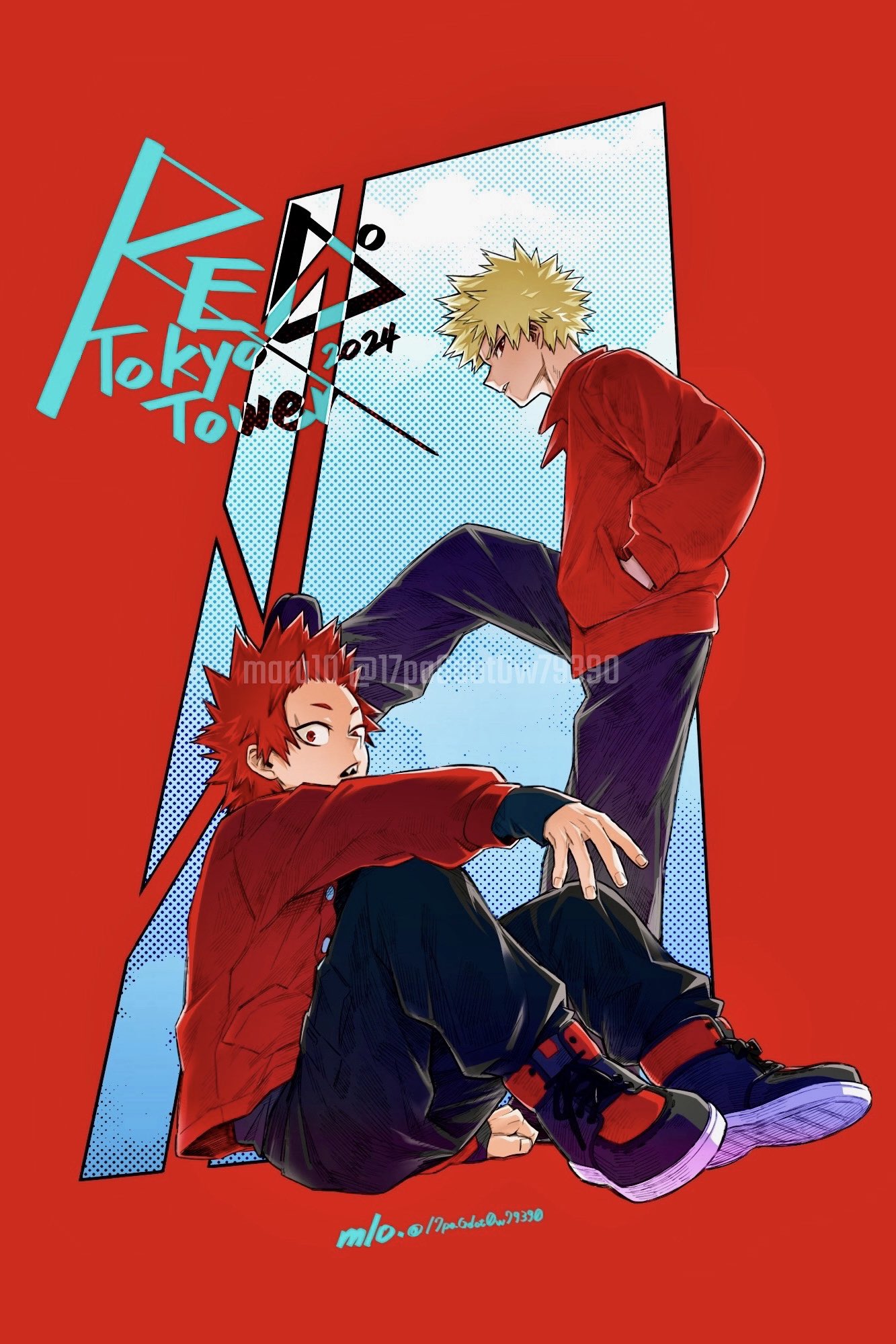 bakugou katsuki, kirishima eijiro, boku no hero academia, commentary request, highres, 17pagdot0w79390, 2boys, alternate costume, black pants, blonde hair, full body, hand in pocket, invisible floor, jacket, looking at viewer, male focus, multiple boys, pants, red eyes, red hair, red jacket, sharp teeth, short hair, sitting, spiked hair, teeth, twitter username