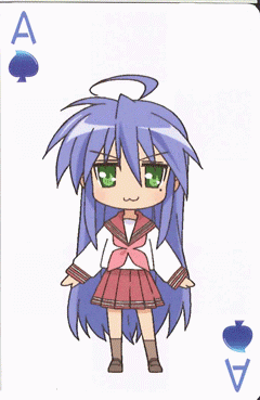 izumi konata, lucky star, animated, animated gif, lowres, 00s, 1girl, ace (playing card), ace of spades, ahoge, card, card (medium), chibi, female focus, jack (playing card), jack of spades, king (playing card), king of spades, mole, mole under eye, playing card, queen (playing card), queen of spades (playing card), solo, spade (shape)