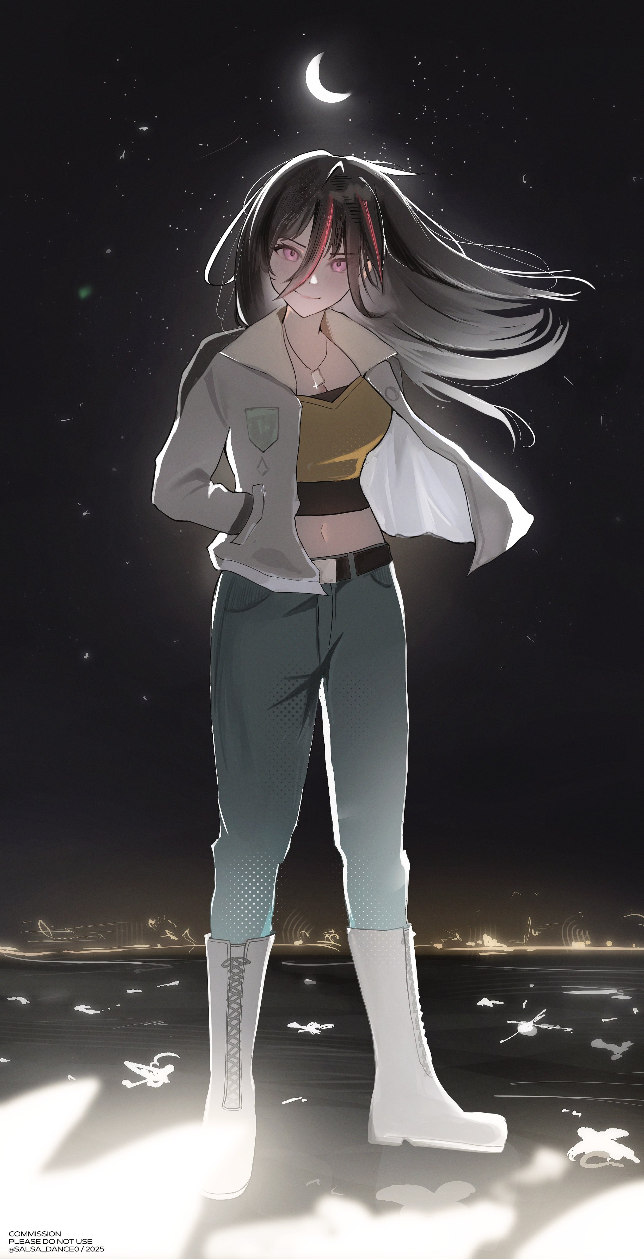 salsa dance, emilia harling, eiyuu densetsu, kai no kiseki, kuro no kiseki (series), absurdres, commentary, commission, highres, 1girl, artist name, belt, black hair, black sky, blue pants, boots, breasts, cleavage, closed mouth, crescent moon, floating hair, hand in pocket, jacket, lace-up boots, large breasts, long hair, looking at viewer, midriff, moon, multicolored hair, navel, night, night sky, open clothes, open jacket, pants, pink eyes, red hair, sky, smile, solo, standing, star (sky), streaked hair, twitter username, two-tone hair