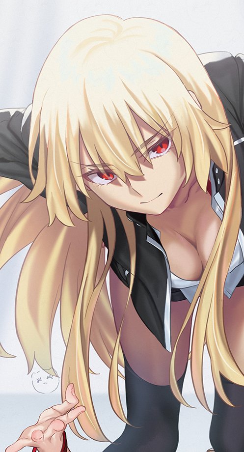 aora, gilgamesh (fate), gilgamesh (immoral biker jacket) (fate), fate/stay night, fate (series), 1girl, bent over, blonde hair, breasts, cleavage, genderswap, genderswap (mtf), long hair, looking at viewer, open clothes, red eyes, thighhighs