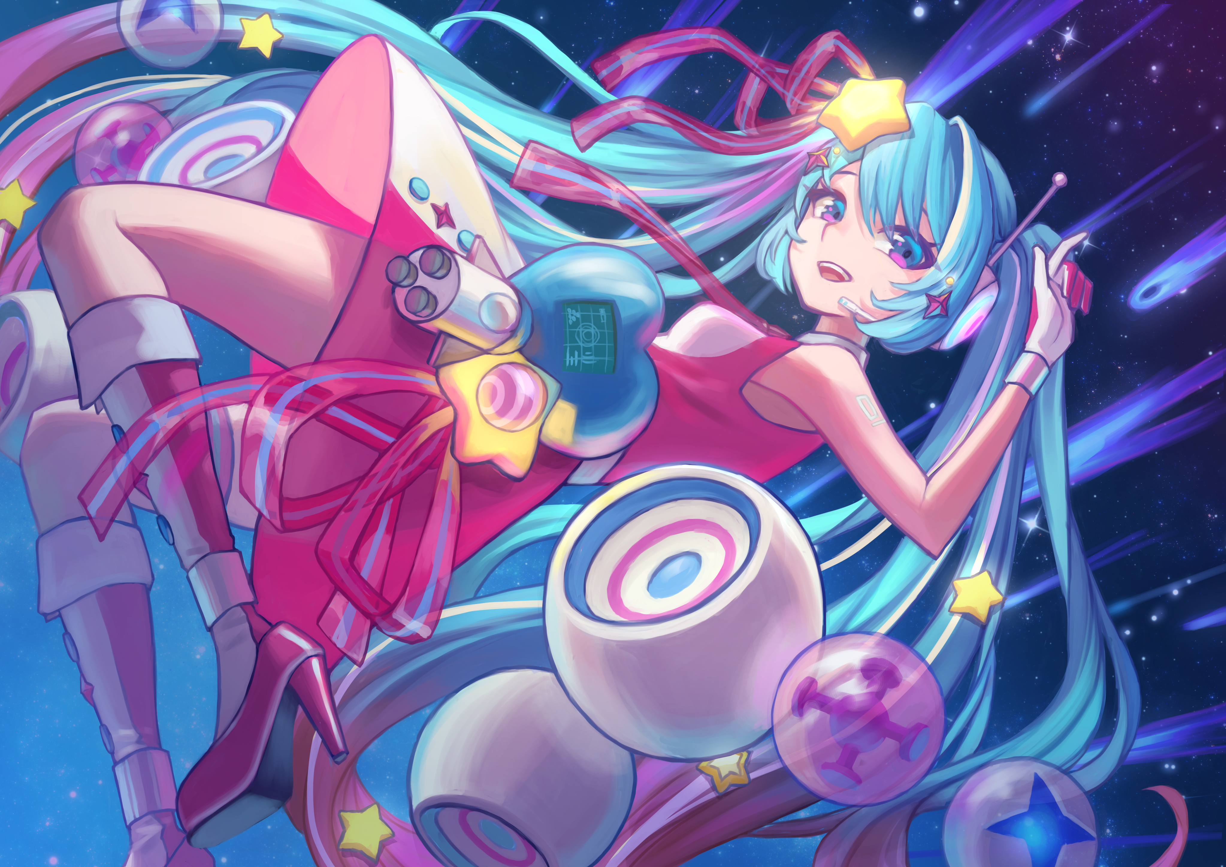 kizaminori, hatsune miku, magical mirai miku, magical mirai miku (2022), future eve (vocaloid), magical mirai (vocaloid), vocaloid, absurdres, commentary, highres, 1girl, aqua eyes, aqua hair, blue necktie, boots, breasts, comet, dress, full body, gloves, gradient hair, hair ornament, heart, multicolored hair, necktie, pink boots, pink dress, pink gloves, pink hair, pink necktie, rocket, sleeveless, sleeveless dress, solo, star (sky), star (symbol), star hair ornament, streaked hair, teeth, tongue, twintails, upper teeth only, white boots, white dress, white gloves, white hair
