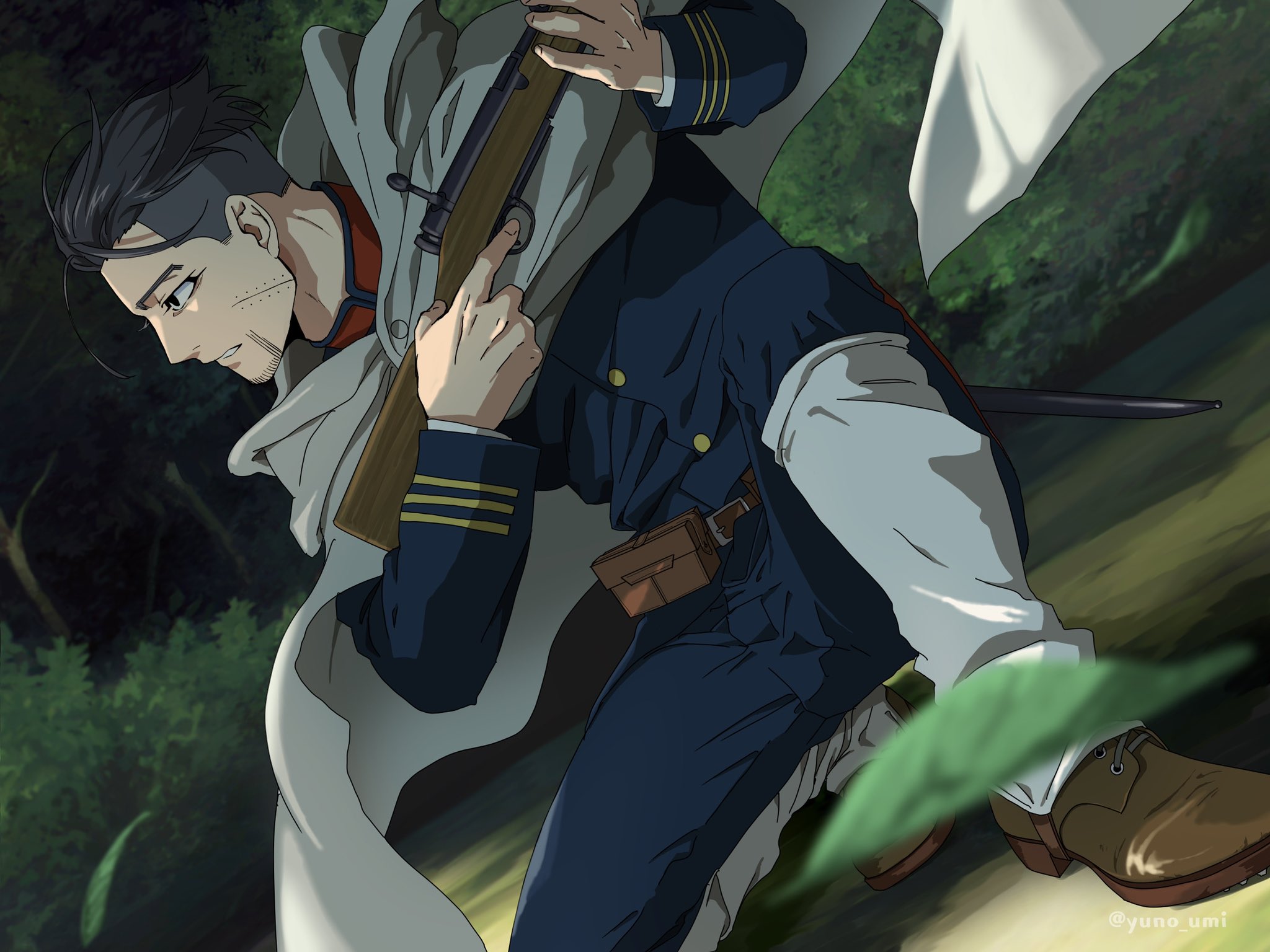 washiko (rasuko), ogata hyakunosuke, golden kamuy, commentary request, highres, 1boy, black hair, brown shoes, facial hair, forest, goatee stubble, grey cloak, gun, holding, holding gun, holding weapon, male focus, nature, outdoors, parted lips, rifle, scar, scar on face, shoes, short hair, solo, squatting, stubble, undercut, weapon
