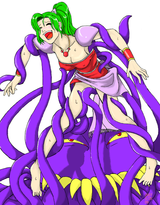 tina branford, ultros, final fantasy, final fantasy vi, 1990s (style), breasts, cleavage, covered erect nipples, earrings, green hair, jewelry, panties, tentacles, tickling, underwear
