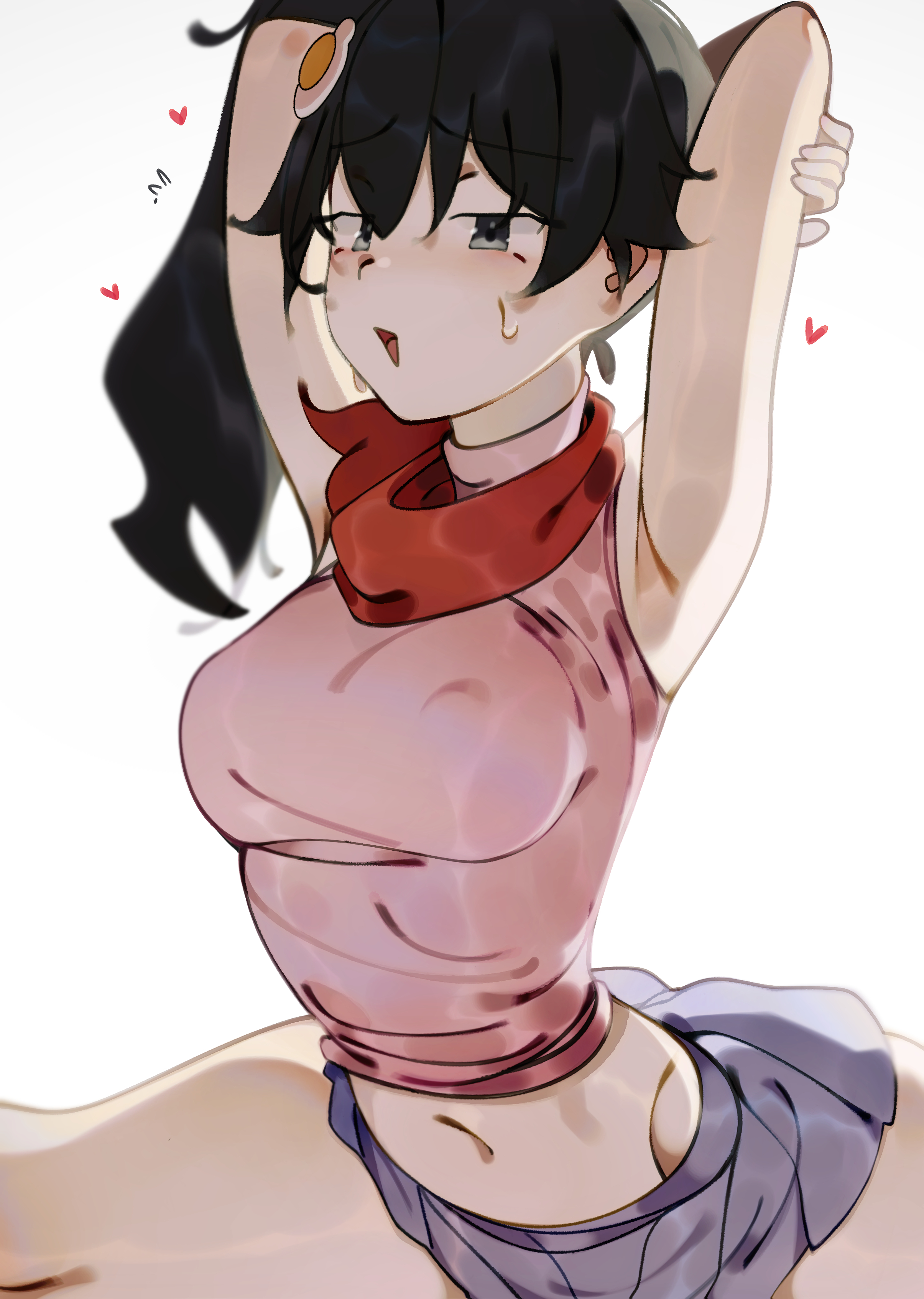 deko morii, araragi karen, monogatari (series), absurdres, commentary, highres, 1girl, armpits, black eyes, black hair, breasts, covered navel, egg hair ornament, food-themed hair ornament, hair ornament, heart, large breasts, looking at viewer, midriff, miniskirt, navel, pink shirt, purple skirt, red scarf, scarf, shirt, side ponytail, simple background, skirt, sleeveless, sleeveless shirt, solo, sweat, white background