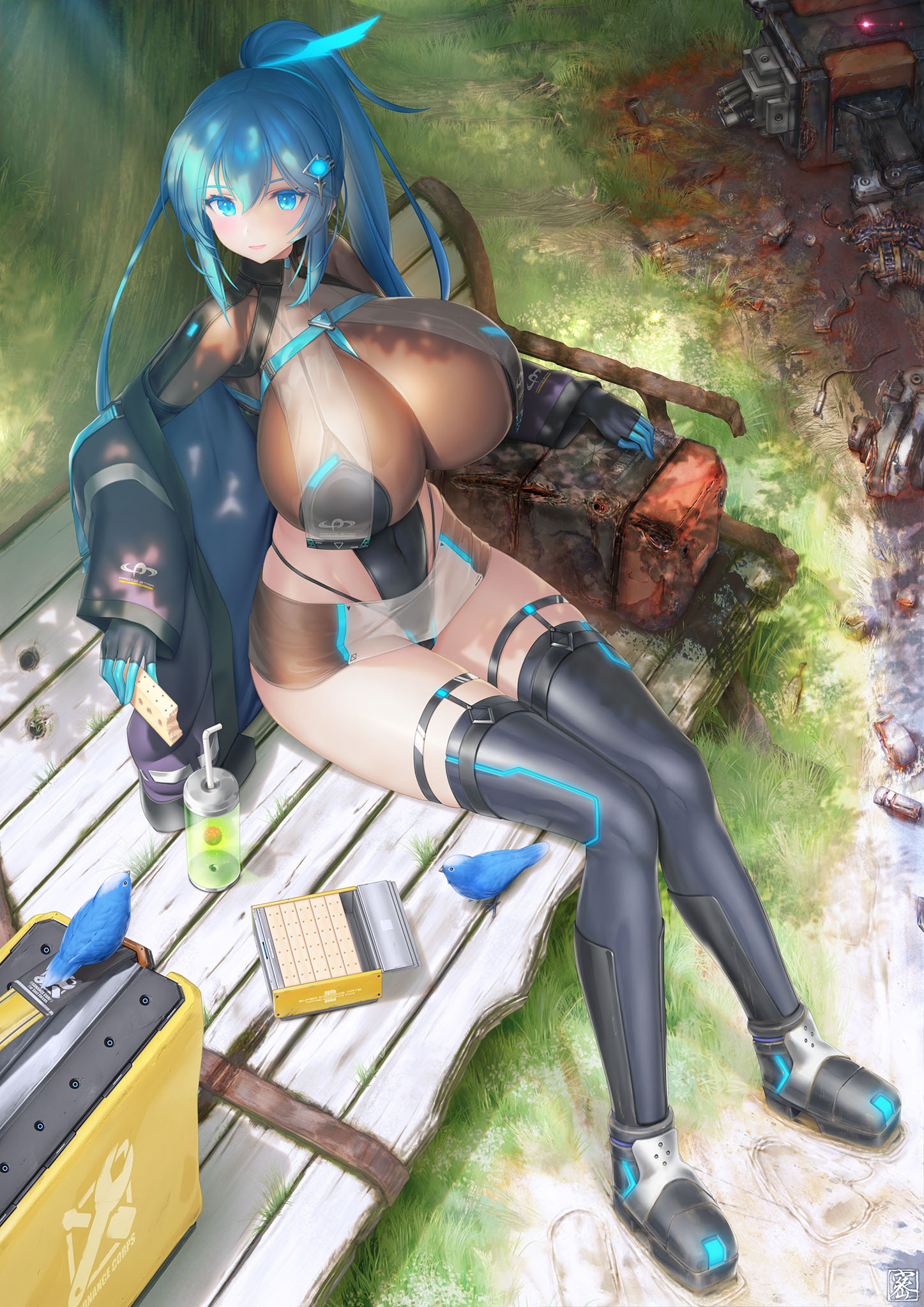 hicage hisoca, ortina lillibel (yashiro sousaku), original, commentary request, commission, highres, 1girl, bento, bird, bite mark, black boots, black gloves, black jacket, black leotard, blue bird, blue eyes, blue gloves, blue hair, boots, breast curtains, breasts, cleavage, drinking straw, food, gloves, hair between eyes, high ponytail, holding, holding food, huge breasts, impossible clothes, impossible leotard, instrument case, jacket, leotard, long sleeves, looking at viewer, microskirt, on bench, open clothes, open jacket, ponytail, see-through clothes, sitting, skirt, solo, thigh boots, two-tone gloves