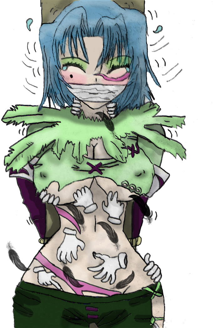 tira (soulcalibur), soul calibur, bdsm, bondage, breasts, feathers, gag, green hair, midriff, poorly drawn, tickling, underboob