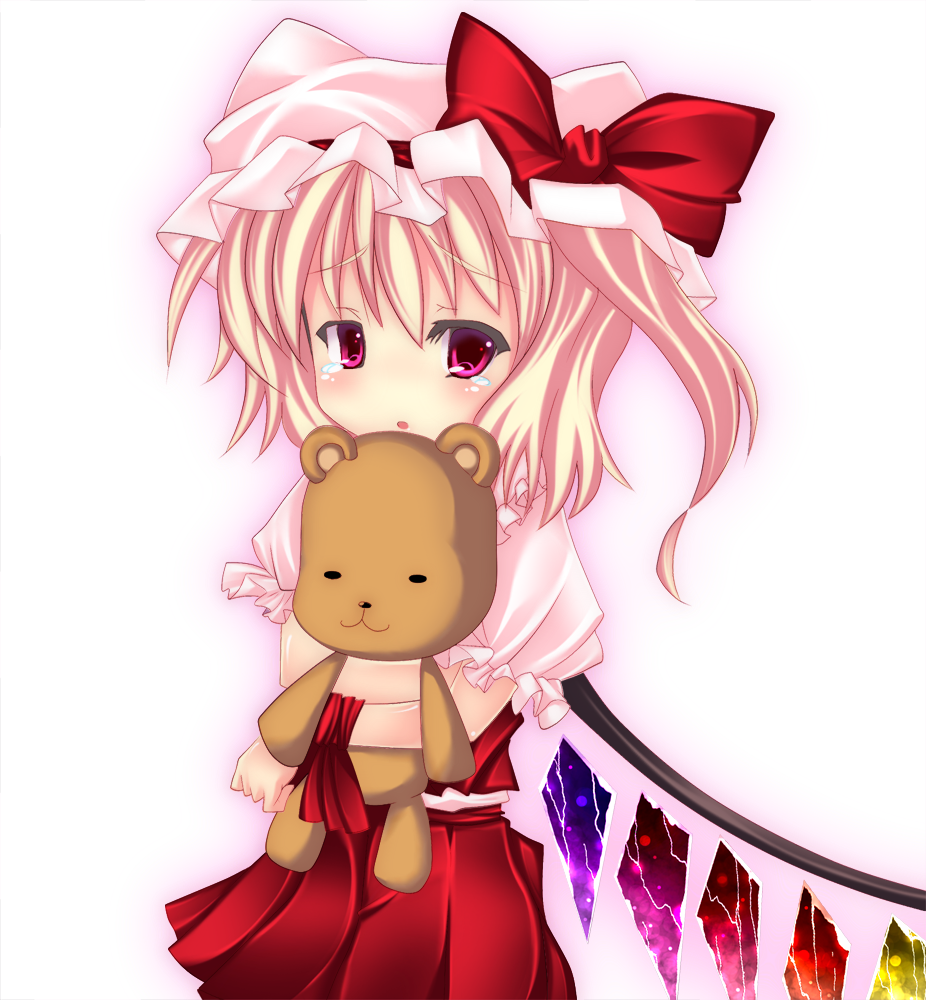 kiyomin, flandre scarlet, fujioka-kuma (minami-ke), minami-ke, touhou, 00s, 1girl, blonde hair, blouse, female focus, gradient background, hair between eyes, hat, mob cap, red eyes, shirt, solo, standing, stuffed animal, stuffed toy, tears, teddy bear, white background, white hat, white shirt