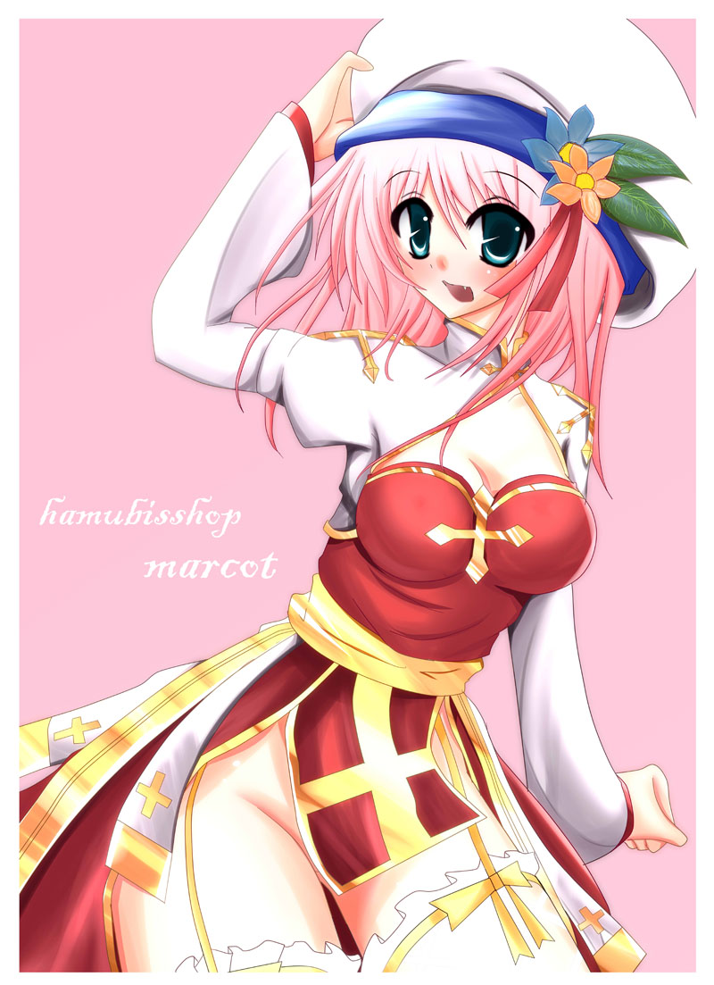 suisui (hakkindou), arch bishop (ragnarok online), ragnarok online, commentary request, textless version, 1girl, blue eyes, blue flower, blush, border, breasts, character name, cleavage, cleavage cutout, clothing cutout, cowboy shot, cross, dress, fang, flower, groin, hand on headwear, hat, hat flower, hat ornament, juliet sleeves, large breasts, leaf hat ornament, long hair, long sleeves, looking at viewer, no panties, open mouth, pink background, pink flower, pink hair, puffy sleeves, sash, solo, tam (ragnarok online), thighhighs, two-tone dress, white border, white dress, white hat, white thighhighs, yellow sash