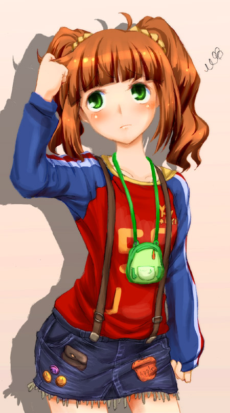 efyuru, takatsuki yayoi, idolmaster, idolmaster (classic), 00s, 1girl, adjusting hair, blush, brown hair, denim, denim skirt, female focus, green eyes, long sleeves, messy hair, pencil skirt, raglan sleeves, skirt, solo, suspenders, twintails