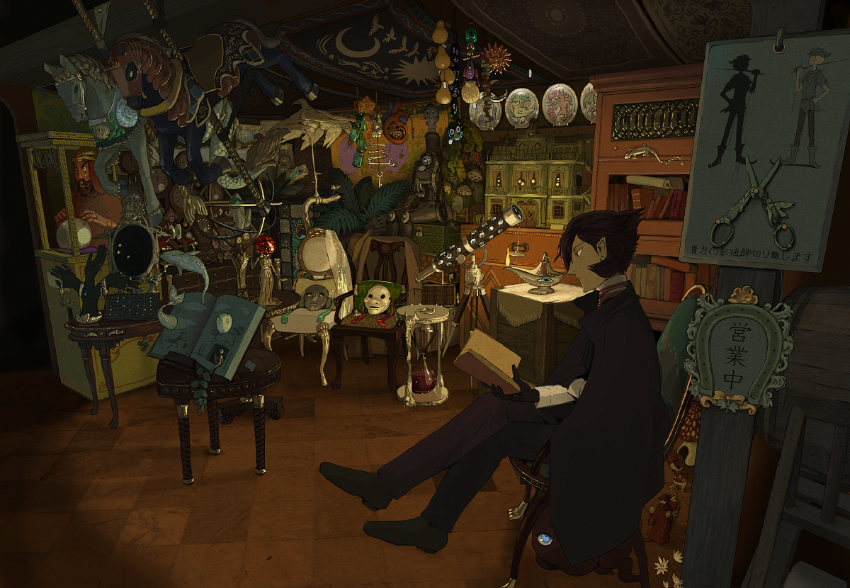 frostheim, furumi showichi, giken, original, bad id, bad pixiv id, 1boy, absurdly detailed composition, bird, black hair, book, cape, crossed legs, gloves, hourglass, loaded interior, male focus, mask, open book, reading, room, shop, sitting, solo, telescope, toy, whale