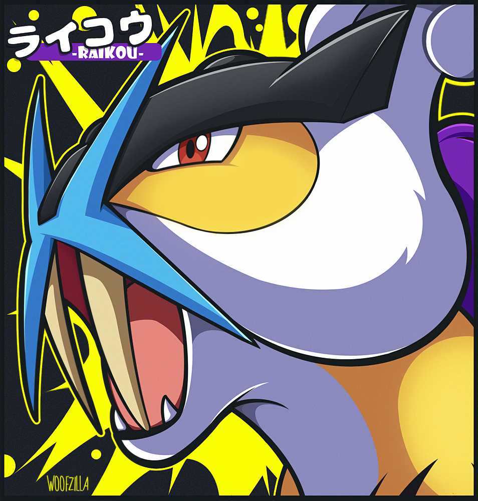 woofzilla, raikou, nintendo, pokemon, commentary, english commentary, translation request, character name, fangs, gen 2 pokemon, legendary pokemon, looking at viewer, no humans, open mouth, outline, pokemon (creature), red eyes, signature, solo, yellow outline