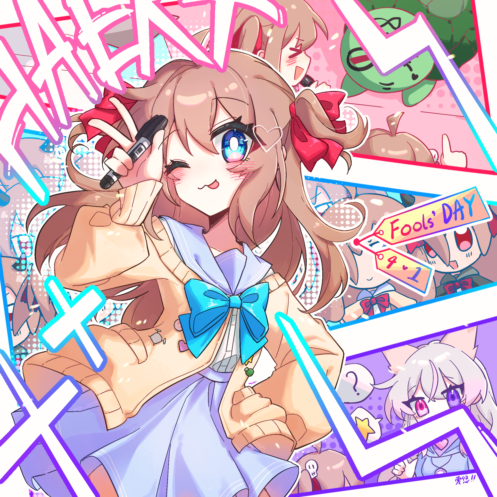 annytf, evil neuro-sama, neuro-sama, vedal987, indie virtual youtuber, commentary request, highres, > <, 1girl, 3girls, ?, animal ears, arm up, blue bow, blue bowtie, blue eyes, blue sailor collar, blue skirt, bow, bowtie, brown hair, cardigan, closed mouth, doll, dress shirt, fox ears, fox girl, hair between eyes, hair ornament, hair ribbon, heart, heart hair ornament, heterochromia, holding, holding marker, long hair, marker, multicolored hair, multiple girls, one eye closed, pink eyes, pink hair, purple eyes, red ribbon, ribbon, sailor collar, shirt, skirt, speech bubble, star (symbol), streaked hair, tongue, two side up, user hmyv8473, vedal ai, virtual youtuber, white hair, white shirt, yellow cardigan