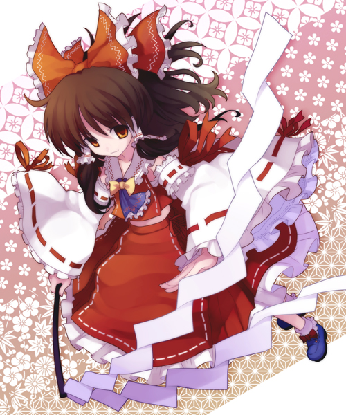 katahira masashi, koto (colorcube), hakurei reimu, subterranean animism, touhou, bad id, bad pixiv id, colorized, 1girl, ascot, bow, brown hair, detached sleeves, dress, female focus, gohei, hair bow, hair ribbon, hair tubes, japanese clothes, miko, orange eyes, ribbon, skirt, smile, solo