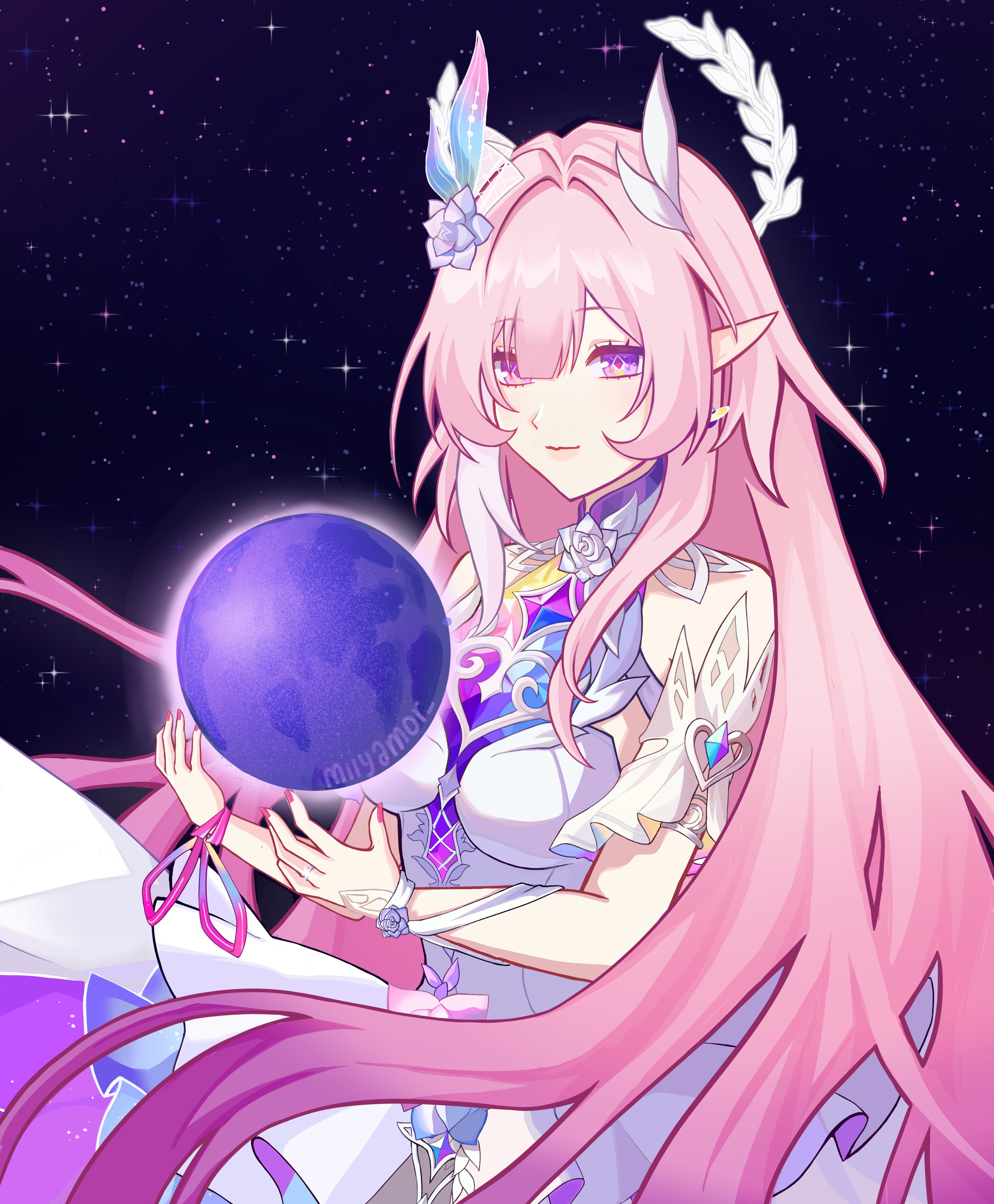 miiyaou, cyrene (honkai: star rail), cyrene (ripples of past reverie) (honkai: star rail), honkai: star rail, honkai (series), absurdres, commentary, highres, 1girl, artist name, breasts, diamond-shaped pupils, diamond (shape), dress, flower, hair flower, hair ornament, halo, large breasts, long hair, multicolored hair, pink hair, planet, pointy ears, purple eyes, sky, solo, star (sky), starry sky, symbol-shaped pupils, two-tone hair, very long hair, white dress, white hair