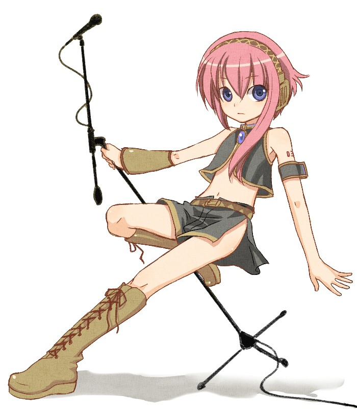 tamara, megurine luka, megurine luki, vocaloid, 1boy, androgynous, asymmetrical hair, blue eyes, boots, detached sleeves, full body, genderswap, genderswap (ftm), headset, knee boots, male focus, microphone, microphone stand, midriff, navel, pink hair, solo