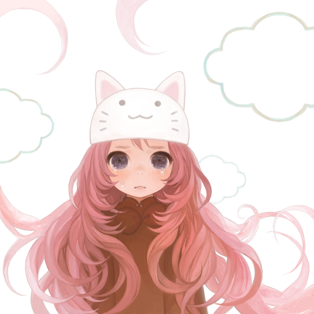 matayoshi, megurine luka, megurine luka (toeto), toeto (vocaloid), vocaloid, 1girl, :3, animal ears, animal hat, blue eyes, cat ears, cat hat, female focus, hat, long hair, pink hair, solo, tears, very long hair