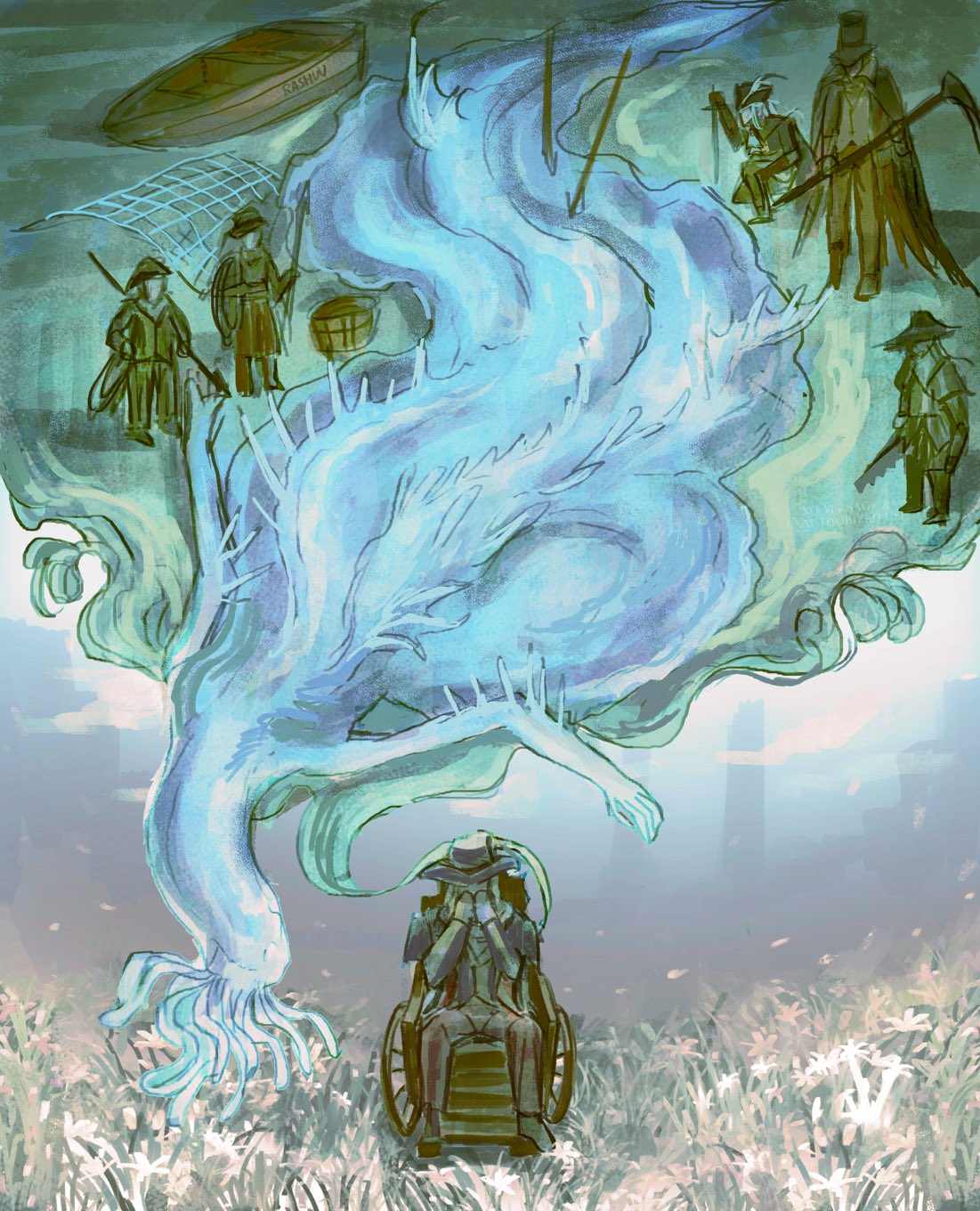 rashuu, gehrman the first hunter, kos (bloodborne), lady maria of the astral clocktower, bloodborne, commentary, english commentary, highres, 1boy, 2girls, 3others, black hat, boat, field, flower, flower field, hat, holding, holding scythe, multiple girls, multiple others, old, old man, on one knee, scythe, tentacles, tricorne, water, watercraft, wheelchair