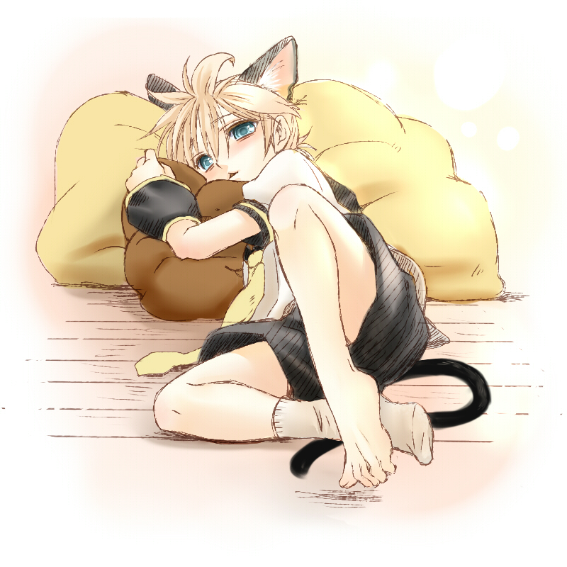 tamara, kagamine len, vocaloid, 1boy, animal ears, barefoot, blonde hair, blue eyes, detached sleeves, feet, full body, male focus, socks, solo, tail